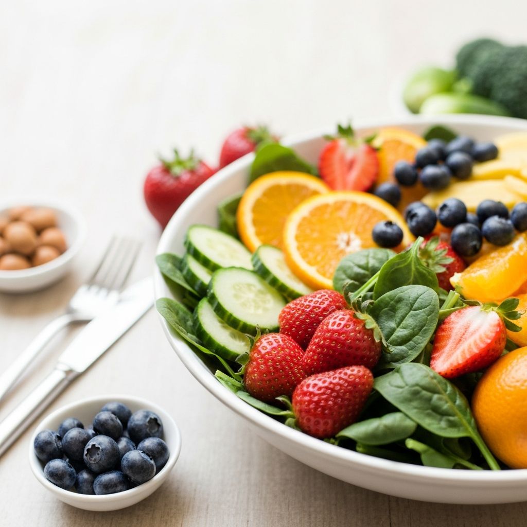 Repas équilibré coloré avec fruits et légumes frais