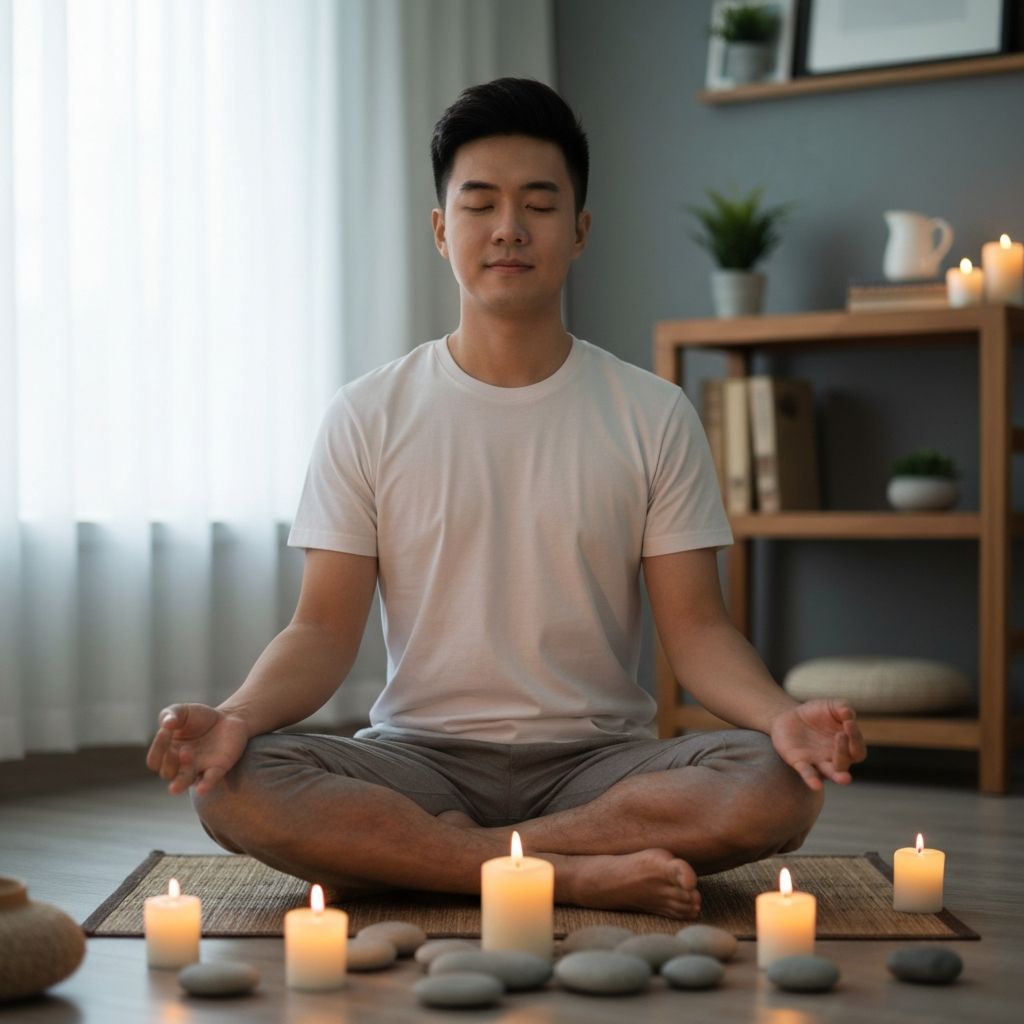 Personne méditant de manière paisible avec bougies et pierres zen